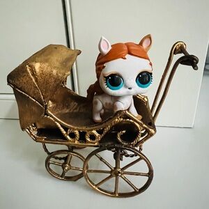 Vintage Baby Carriage Miniature Buggy Soft Metal Bronze Hood Wheels